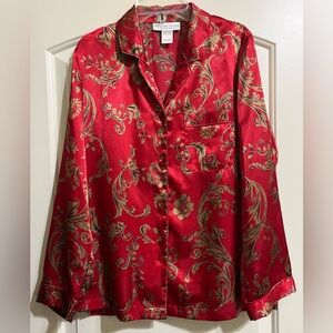 Morgan Taylor Intimates Red Gold Black Women’s Satin Button Down Pajamas Top S